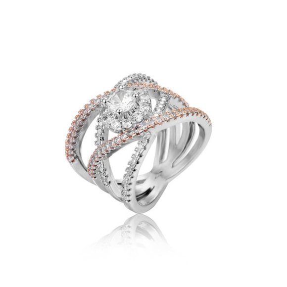 NEW Two Tone 18K Rose & White Gold Diamond Halo Layer Ring - Picture 4 of 5